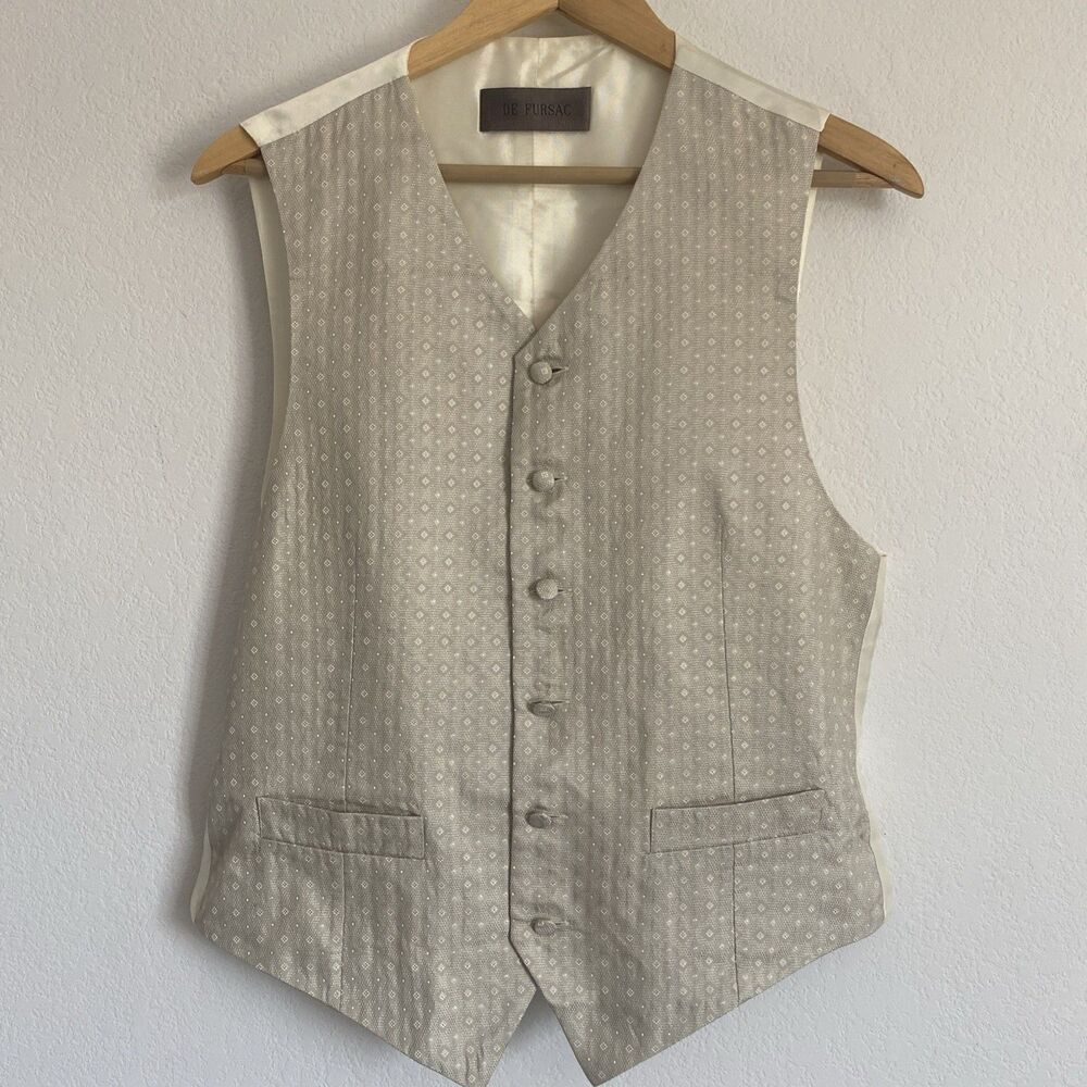 De FURSAC Silk Vest Taupe/Ivory Silk Waistcoat Geometric Wedding Formal Sz S